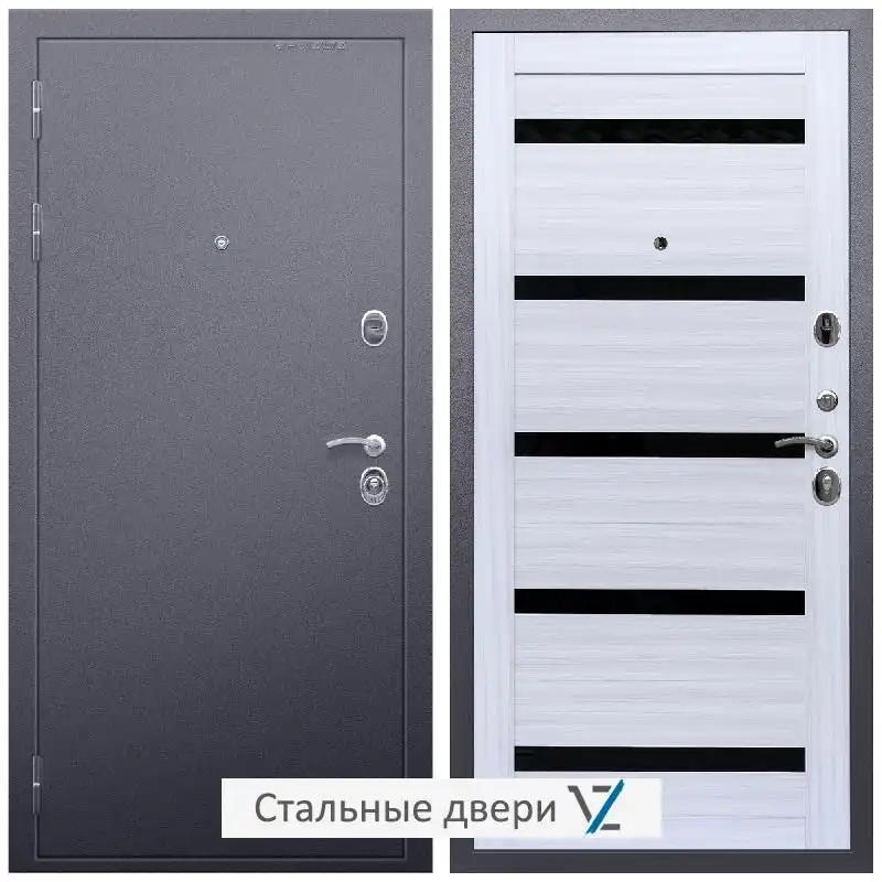 Дверь входная металлическая VZ Люкс Антик серебро / СБ-14 Сандал белый стекло черное